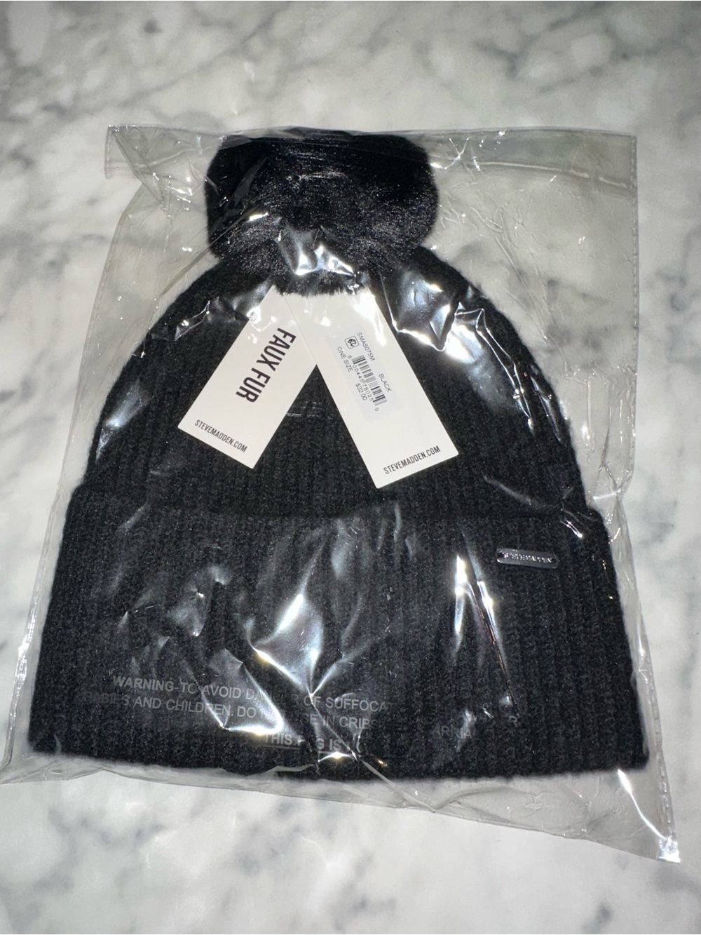 Steve Madden Black Faux Fur Pom Ribbed Beanie